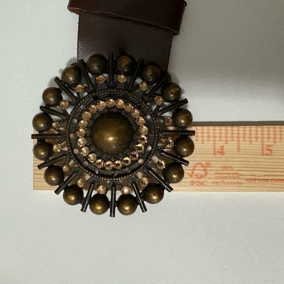 Black & Brown brown leather statement belt. Length is 43 inches. Large buckle. main image 5